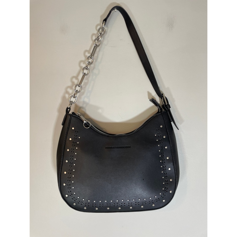 French Connection Elena Moon Shape Shoulder Bag Black Studs Silvertone Hobo Y2K